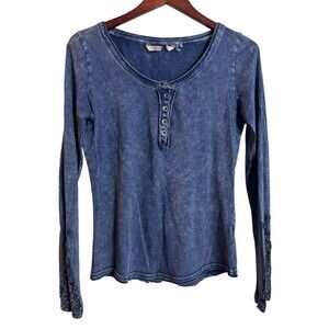Soft Surroundings Long-Sleeve Washed Navy Henley Top Crochet Wrist Cuffs Size XS